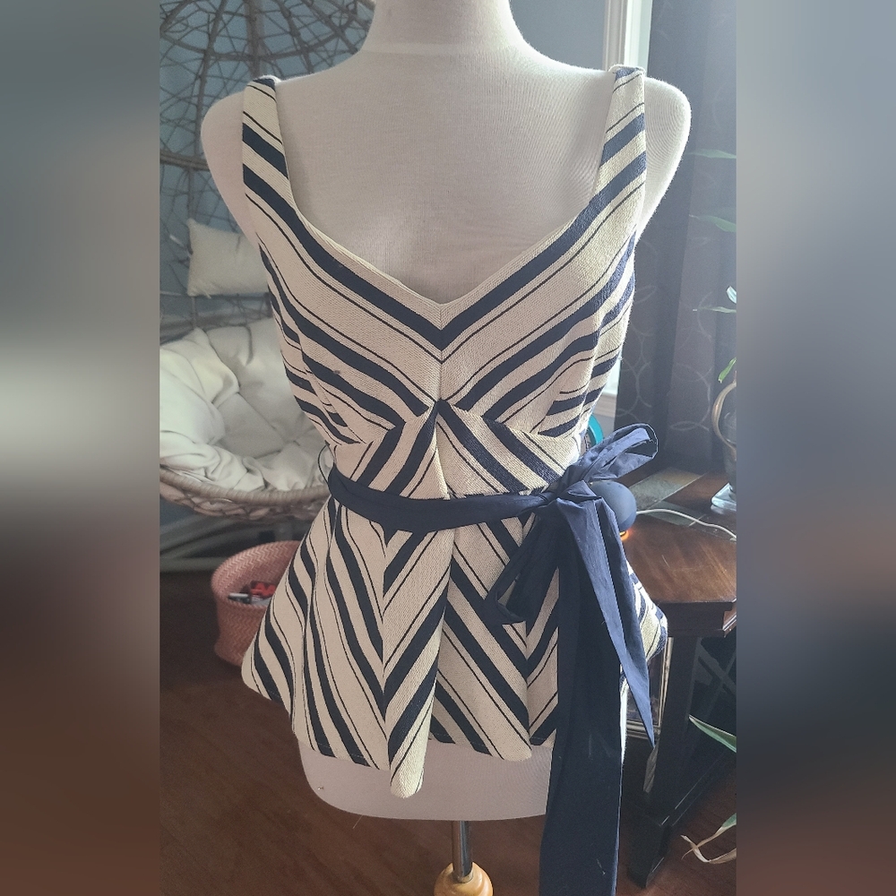 Anthropologie Cream and Navy Striped Peplum Tank with Sash